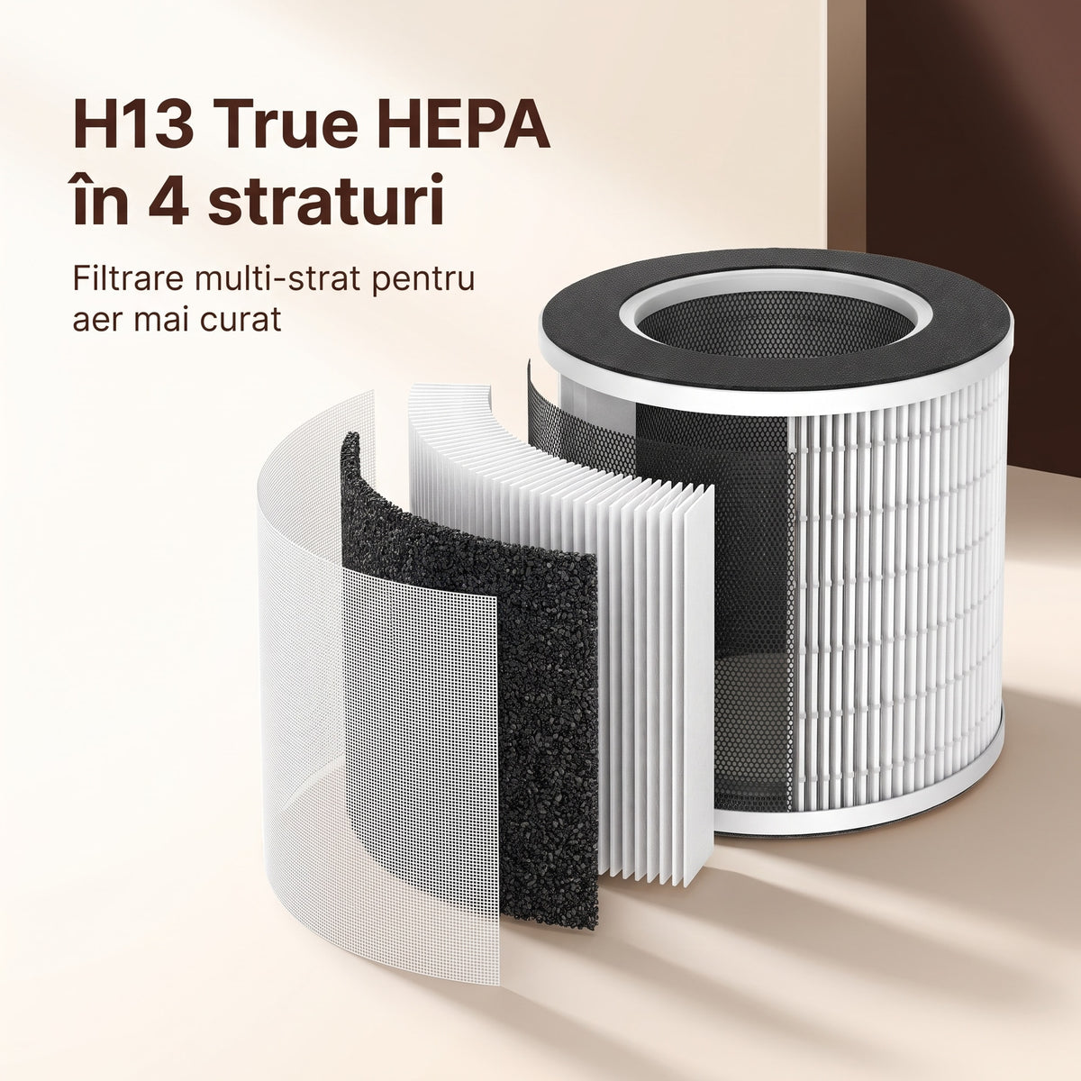 Straturile filtrului VK-6126A desfăcute: plasă albă, carbon activ granular, strat plisat și plasă neagră