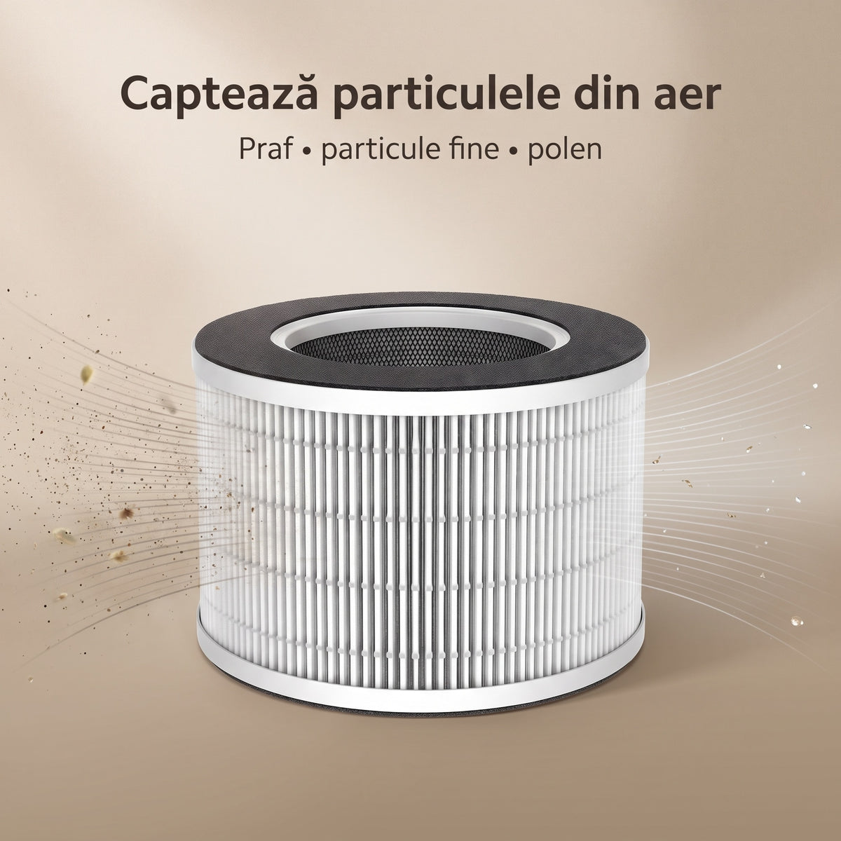 Filtrul VK-6126A traversat de un flux de aer cu praf și polen, care iese curat pe partea opusă