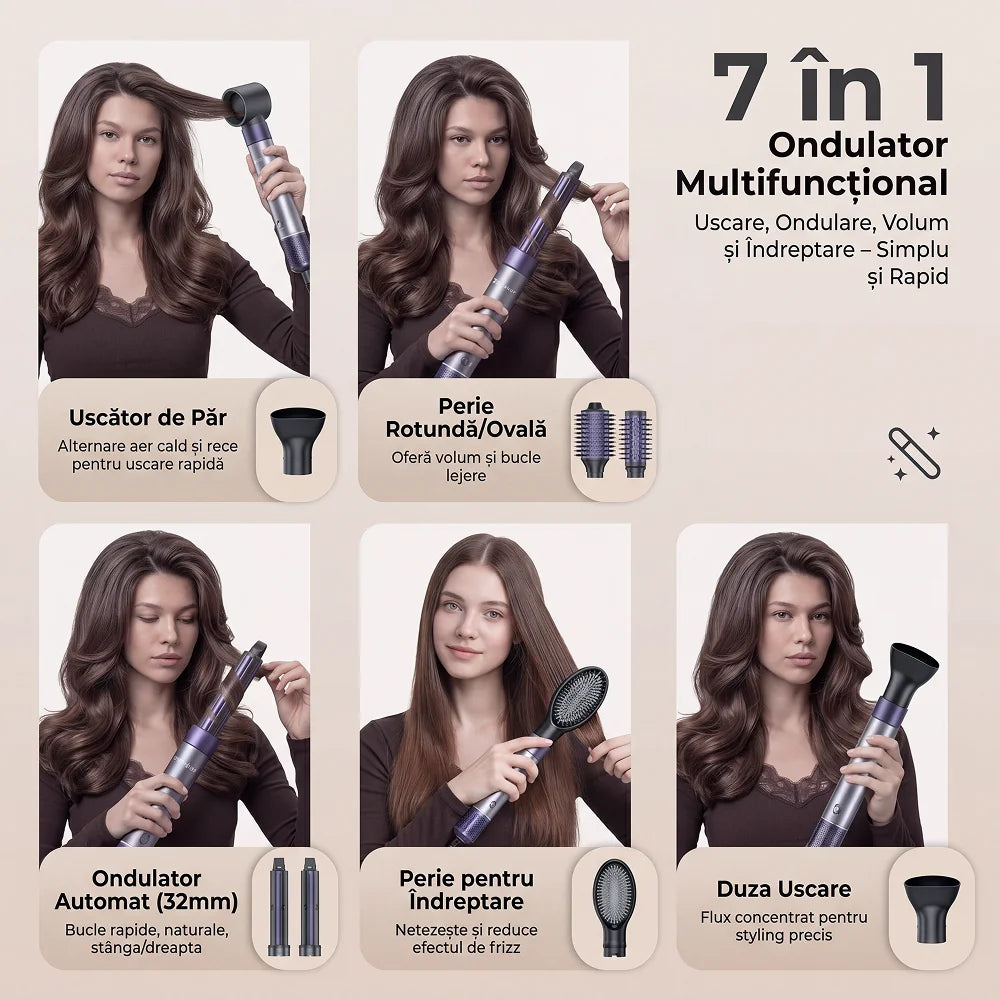 set uscator de păr 7 în 1 cu accesorii interschimbabile pentru styling variat