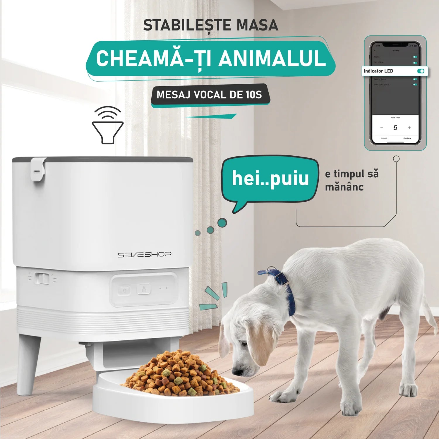 dispozitiv hranire animale cu functie audio pentru mesaj vocal personalizat