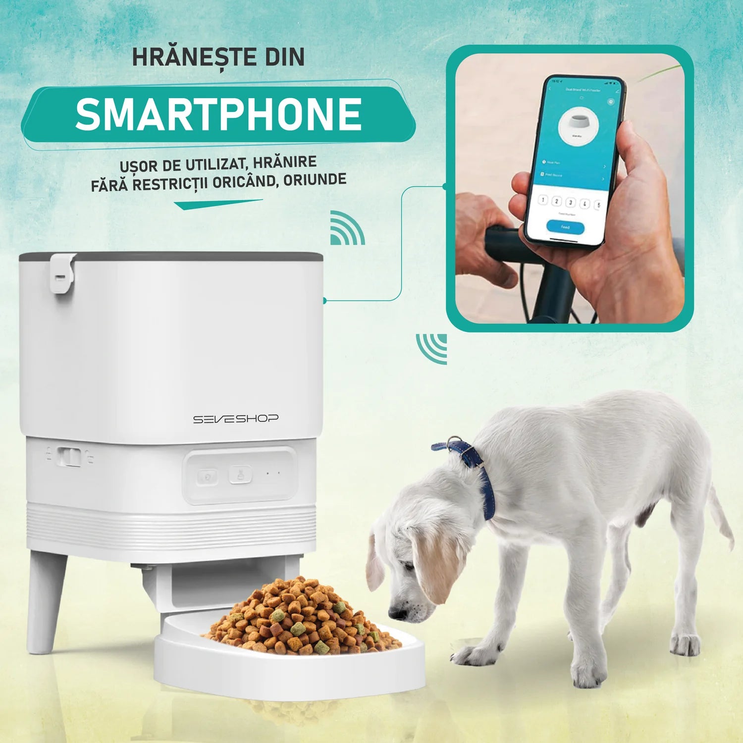 dispenser hrana animale cu control prin aplicatie mobila si conectivitate WiFi