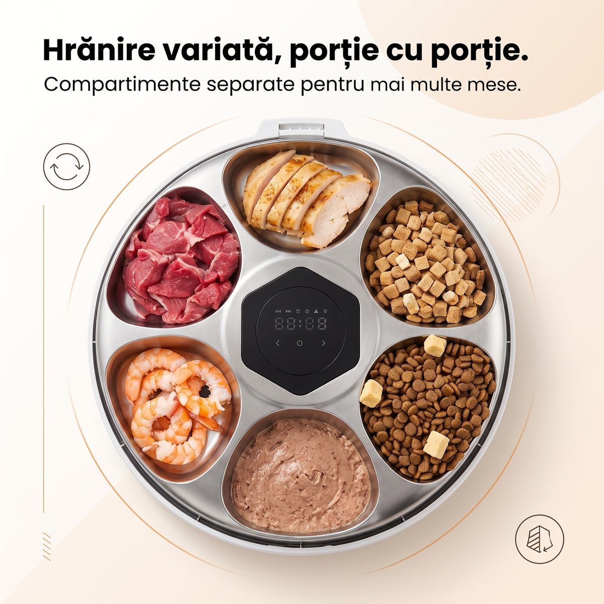 Tava hrănitorului PC-F5 văzută de sus: 6 compartimente din inox cu carne, pui, creveți, pate și granule