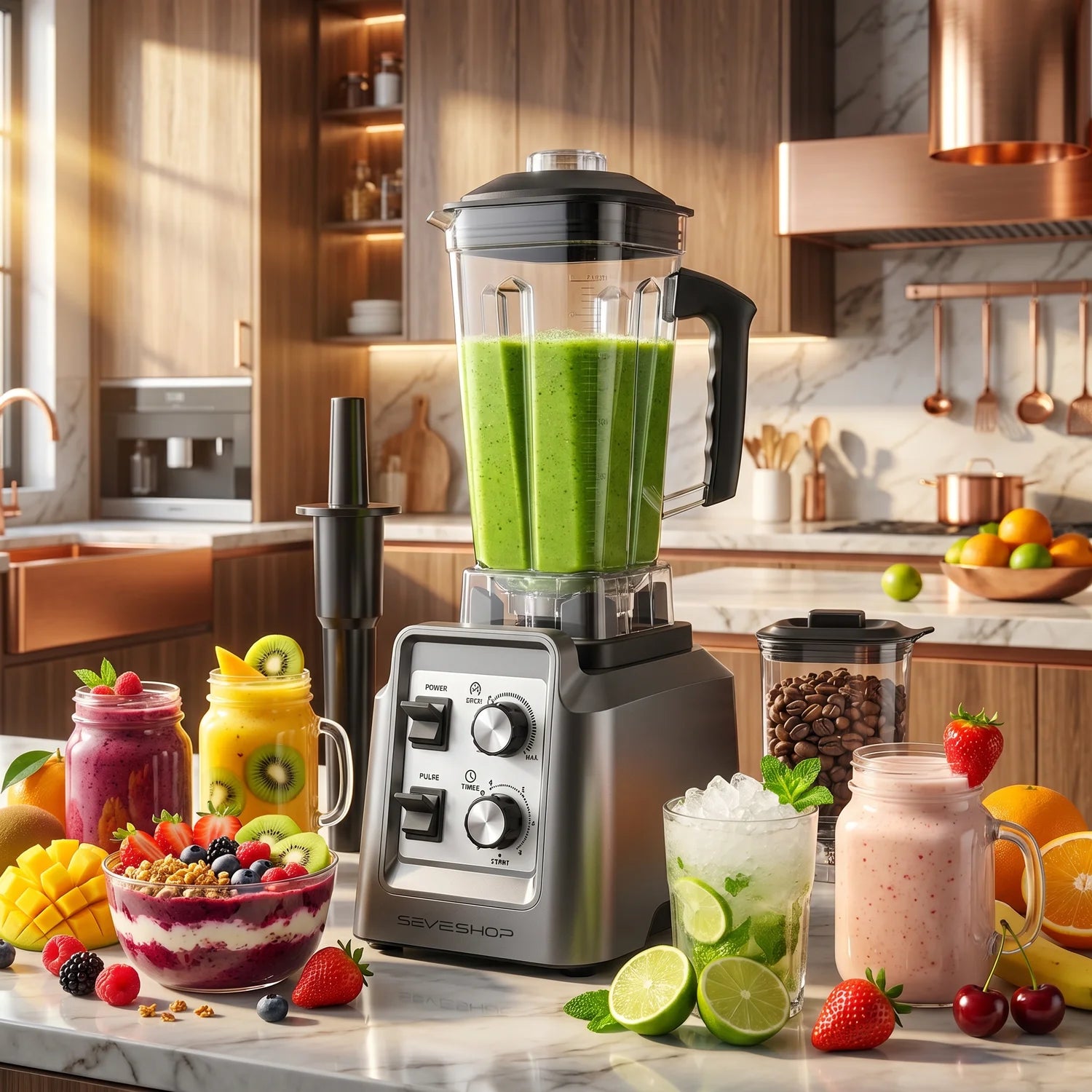 Blender Profesional 2 in 1 cu Rasnita Cafea, 1800W, 2L si Timer