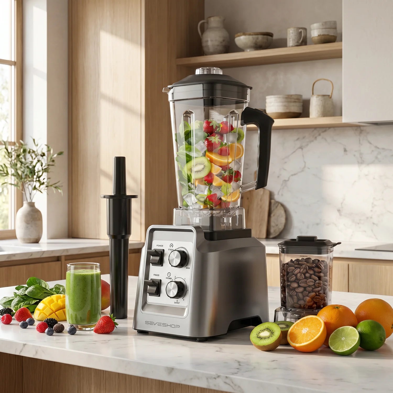 Blender Profesional 2 in 1 cu Rasnita Cafea, 1800W, 2L si Timer