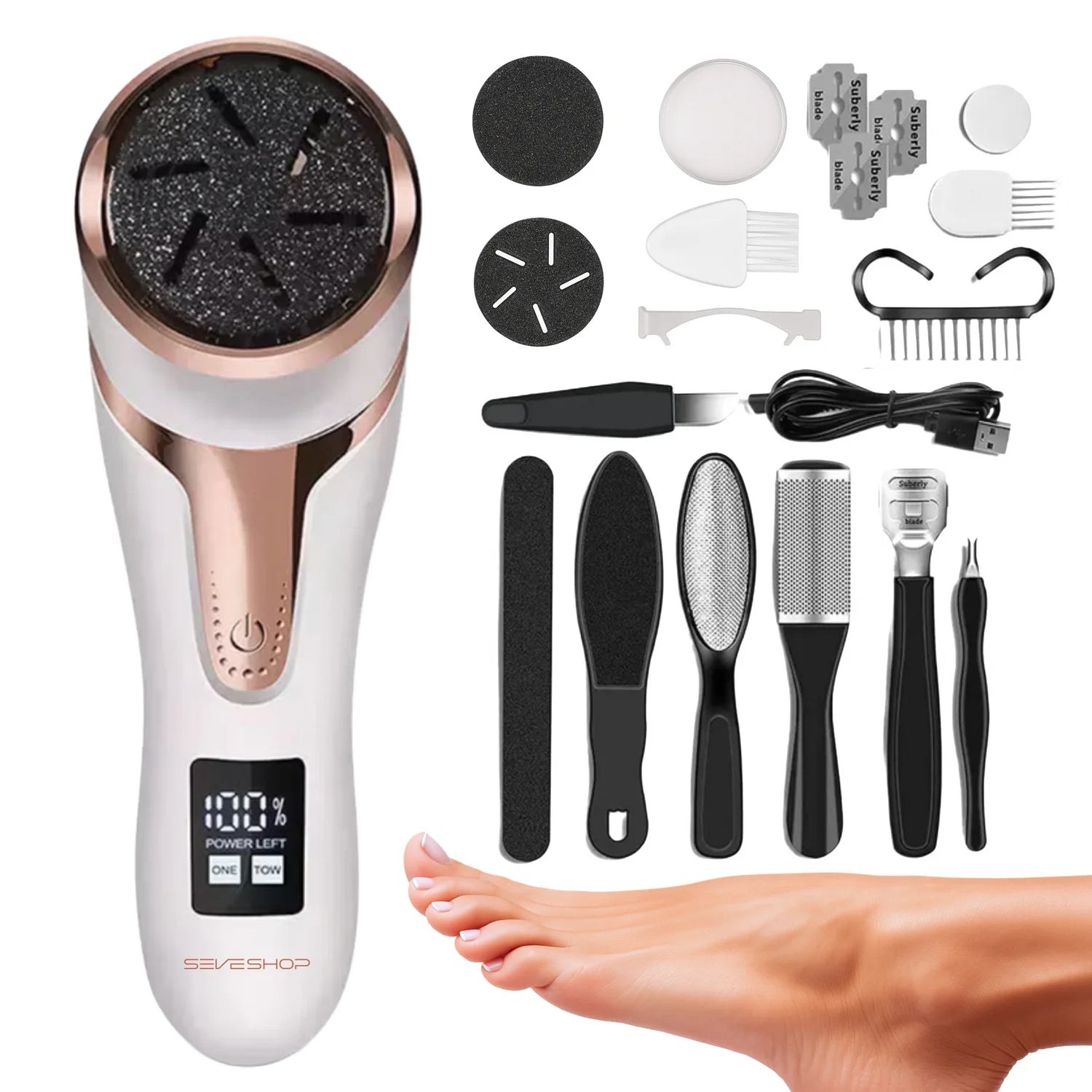 Set Pilă Electrică pentru Călcâie și Tălpi, 3 Capete, Display Digital