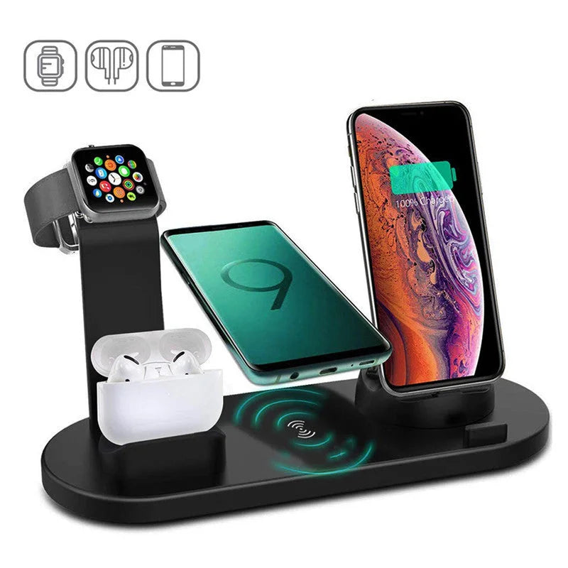 stație de încărcare care alimentează simultan telefon, căști și ceas