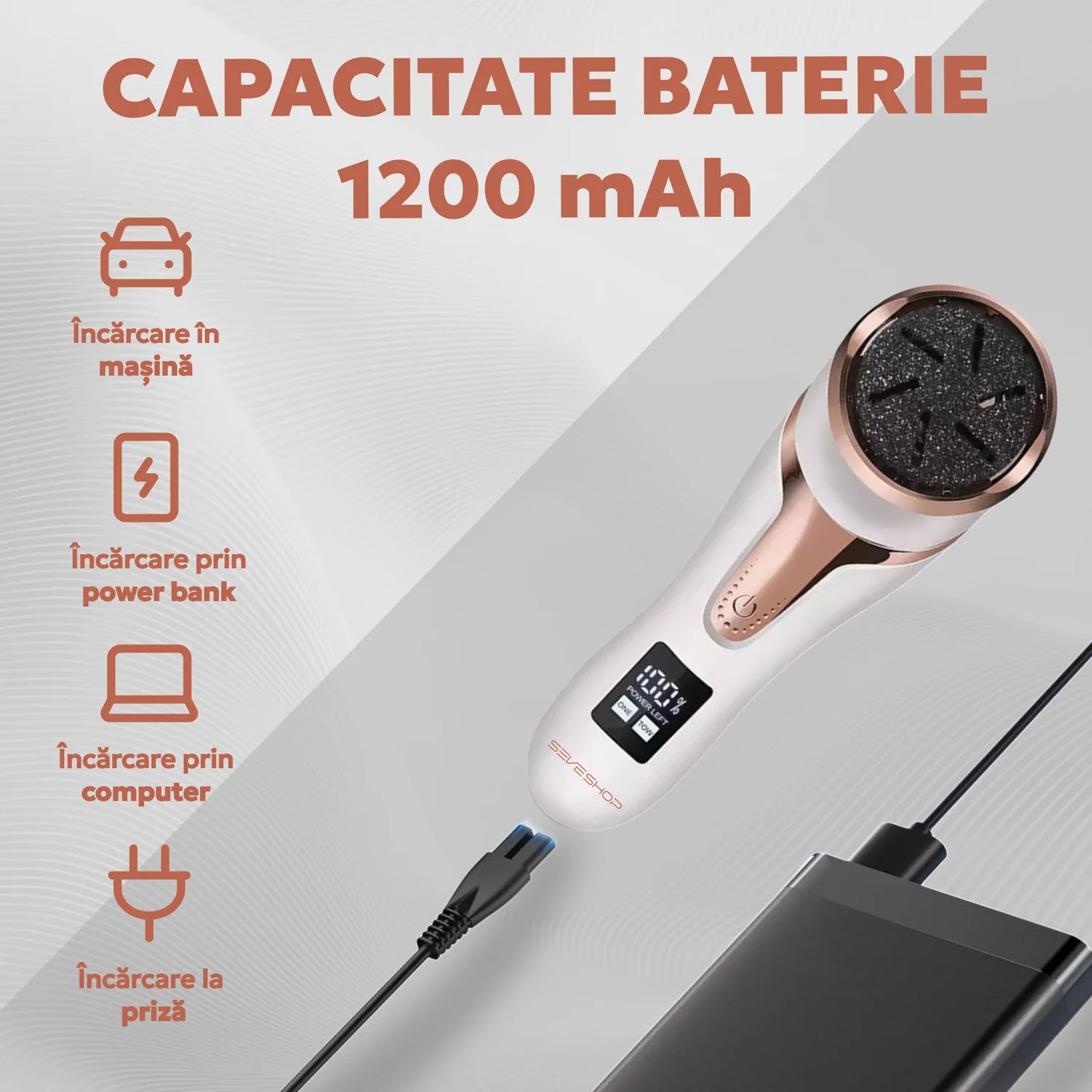 Set Pilă Electrică pentru Călcâie și Tălpi, 3 Capete, Display Digital