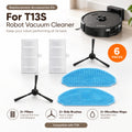 Kit accesorii T13S: 2 filtre albe, 2 perii laterale negre cu 3 brațe și 2 mopuri albastre, cu robotul în fundal