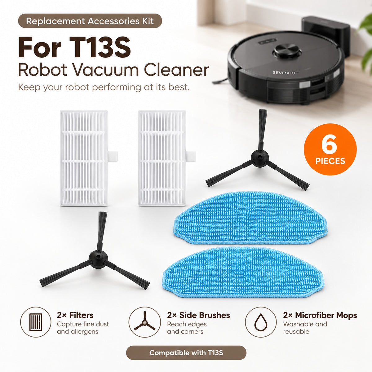 Kit accesorii T13S: 2 filtre albe, 2 perii laterale negre cu 3 brațe și 2 mopuri albastre, cu robotul în fundal