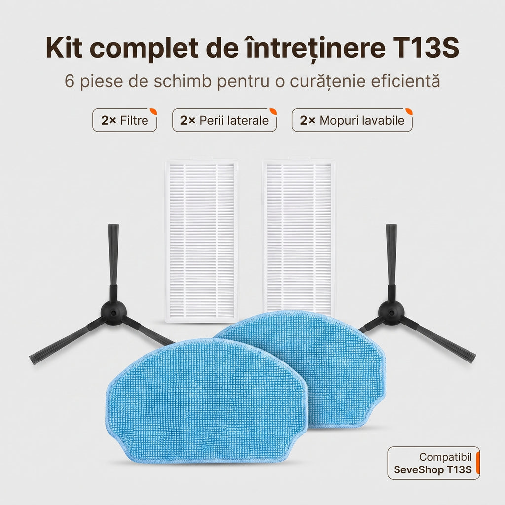 Kit de întreținere pentru aspiratorul robot T13S: 2 filtre, 2 perii laterale și 2 mopuri lavabile pe fundal gri