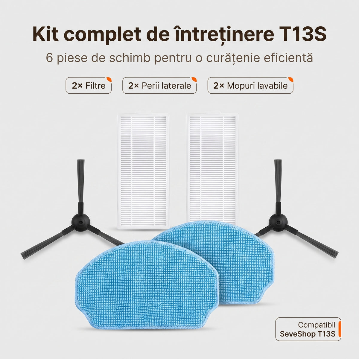 Kit de întreținere pentru aspiratorul robot T13S: 2 filtre, 2 perii laterale și 2 mopuri lavabile pe fundal gri