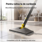 Capul de mop al aparatului cu aburi SC-06 cu laveta gri montată, pe o pardoseală din gresie