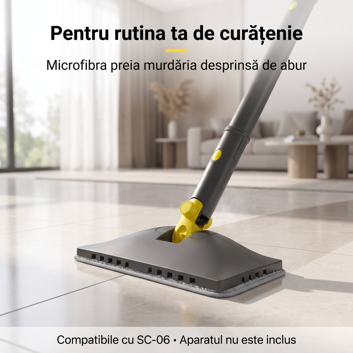 Capul de mop al aparatului cu aburi SC-06 cu laveta gri montată, pe o pardoseală din gresie