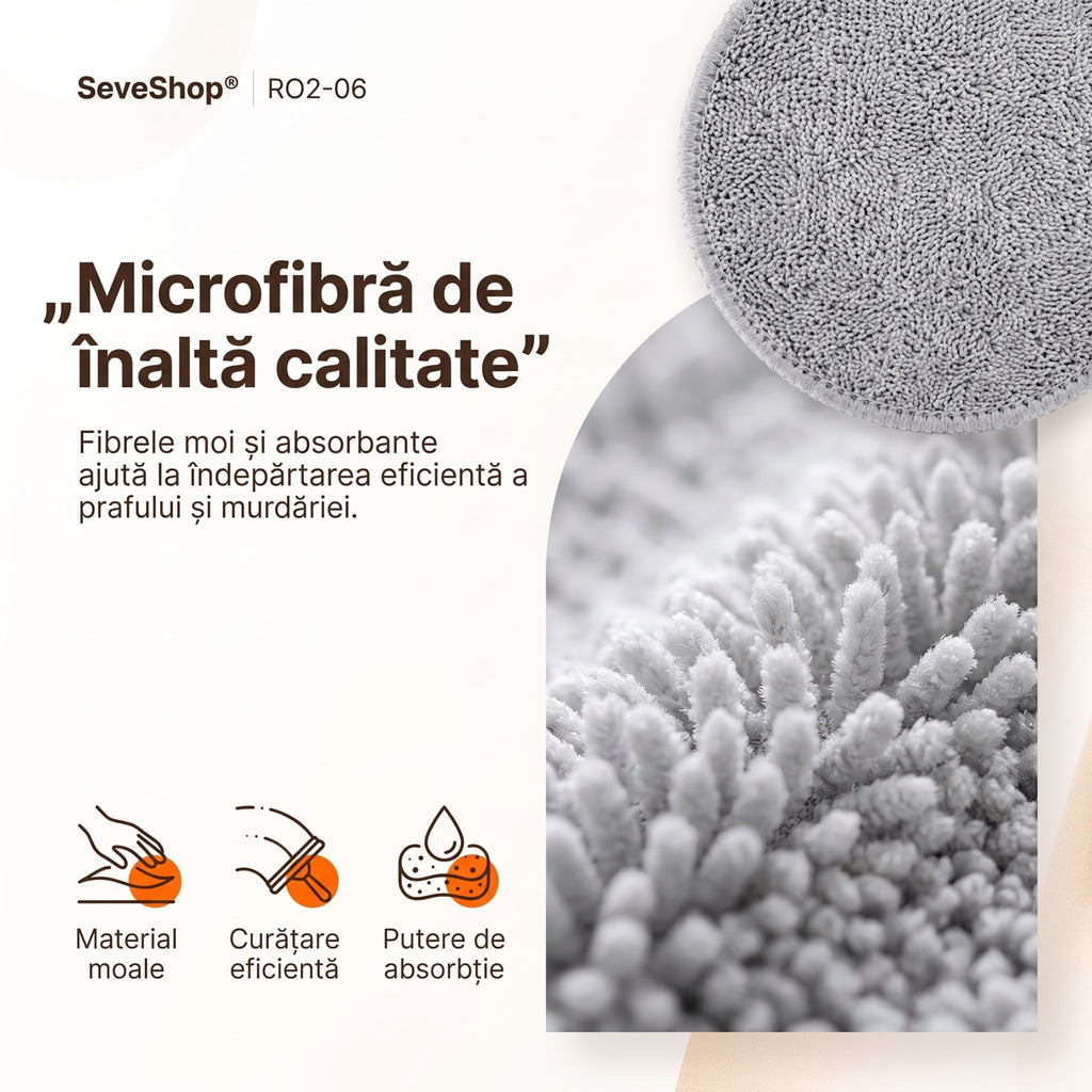 Prim-plan cu fibrele moi de microfibră ale lavetei rotunde pentru robotul de geamuri RO2-06