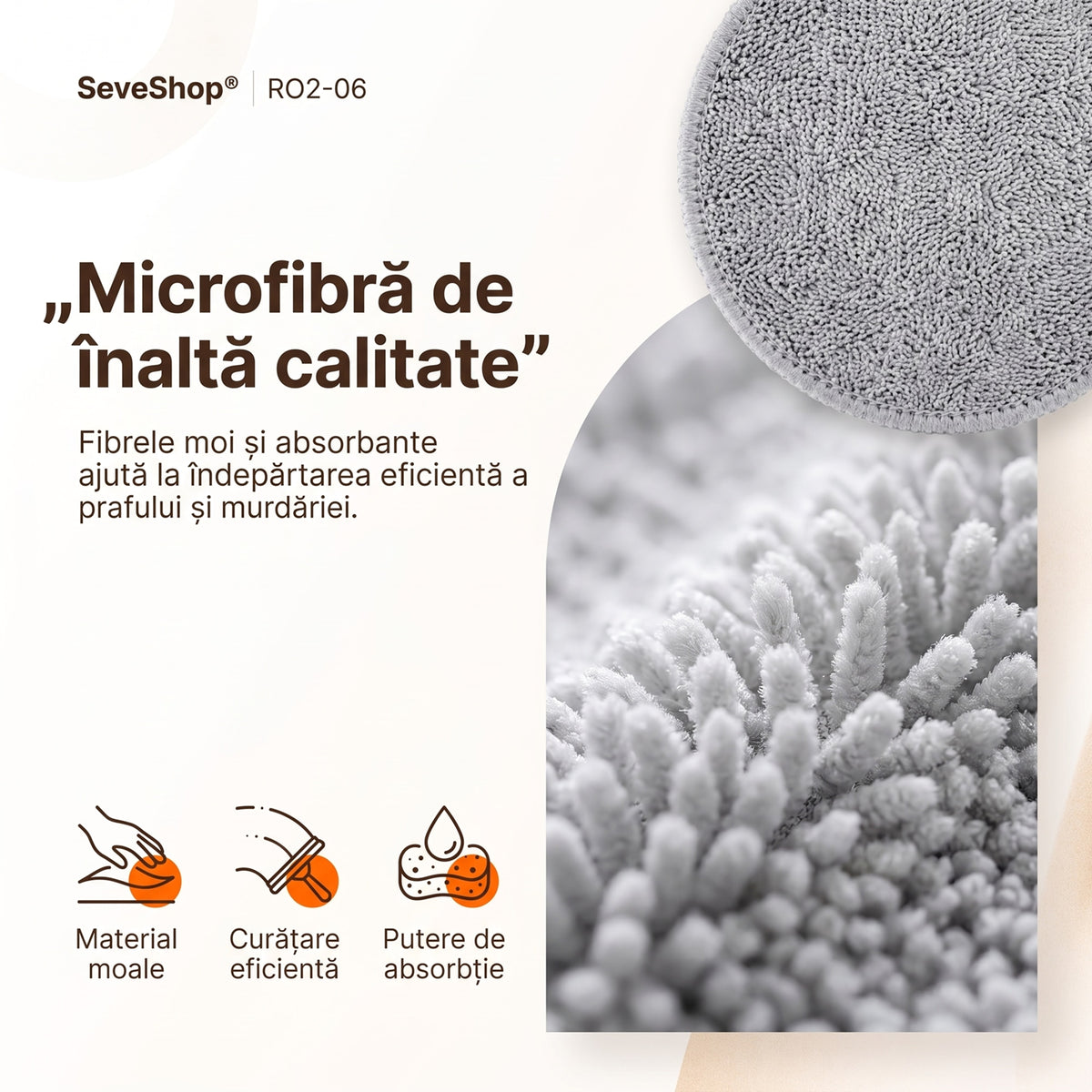 Prim-plan cu fibrele moi de microfibră ale lavetei rotunde pentru robotul de geamuri RO2-06
