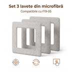 Trei lavete pătrate din microfibră gri, așezate vertical, compatibile cu robotul de geamuri F19-05