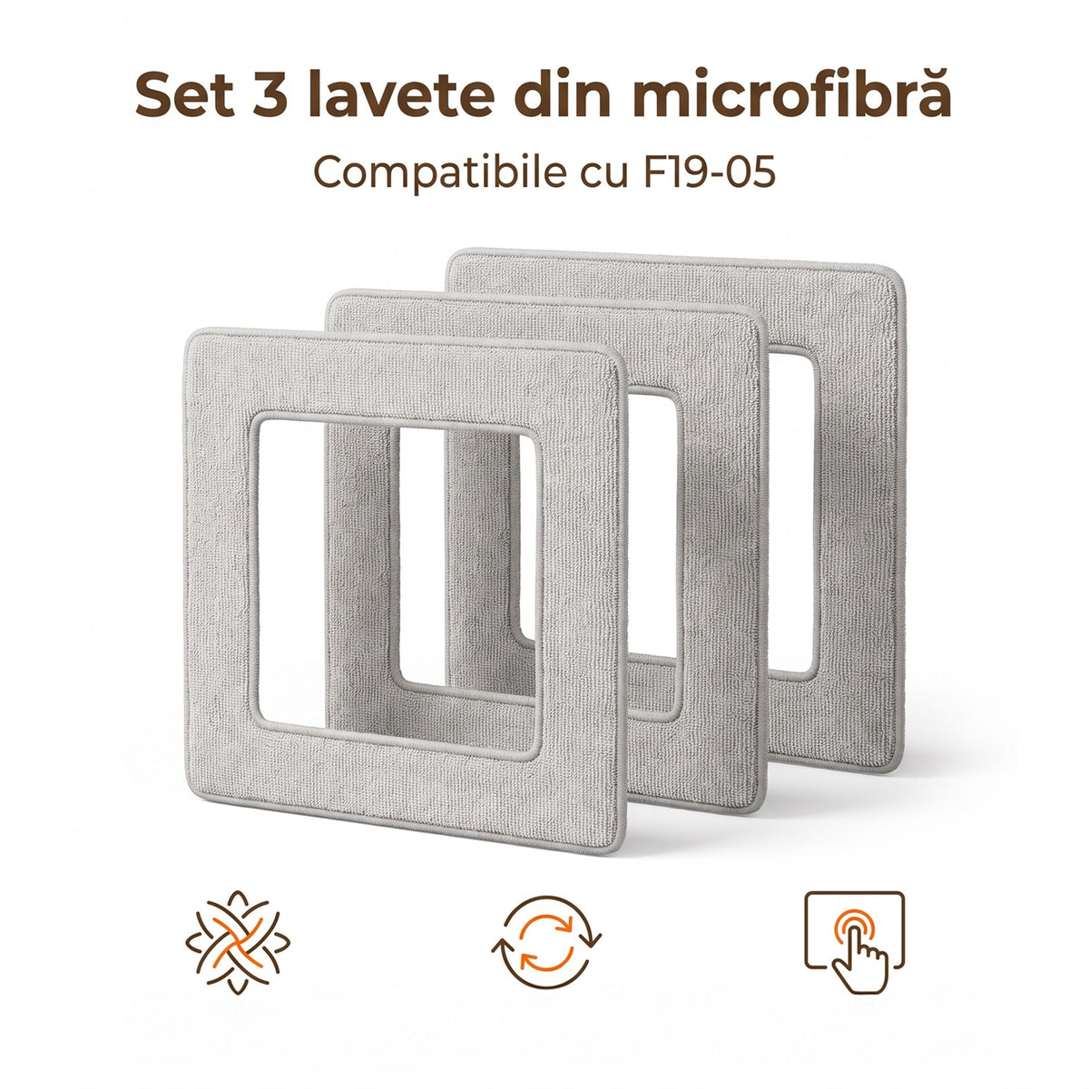 Trei lavete pătrate din microfibră gri, așezate vertical, compatibile cu robotul de geamuri F19-05