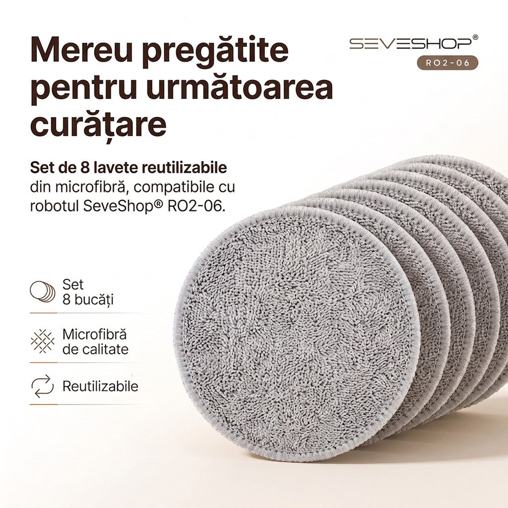 Lavete rotunde din microfibră gri pentru robotul RO2-06, așezate în rând, cu iconuri set 8 bucăți și reutilizabile
