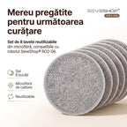 Lavete rotunde din microfibră gri pentru robotul RO2-06, așezate în rând, cu iconuri set 8 bucăți și reutilizabile
