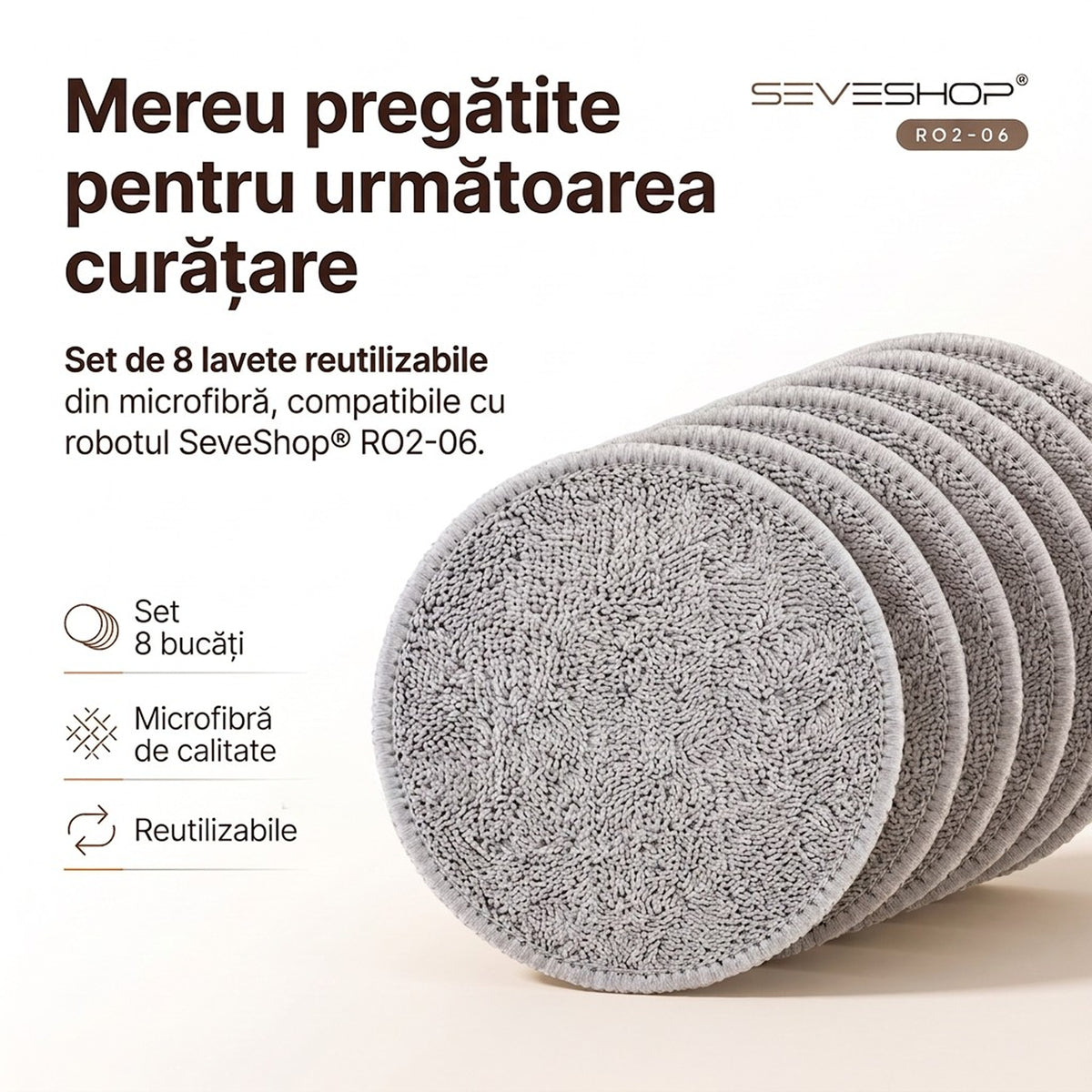 Lavete rotunde din microfibră gri pentru robotul RO2-06, așezate în rând, cu iconuri set 8 bucăți și reutilizabile