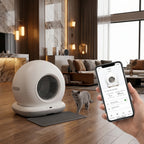 litieră automată care curăță singură dejecțiile după fiecare utilizare a pisicii