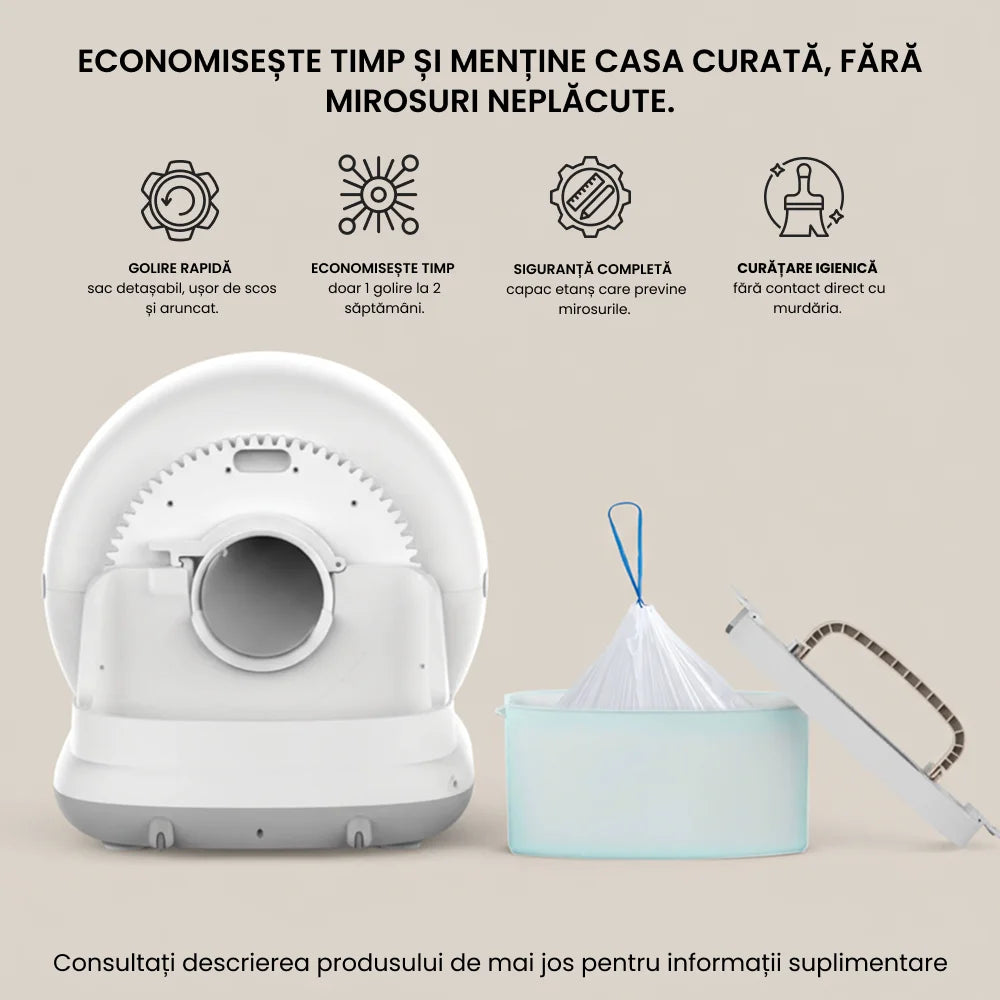 litiera automata utilizata pentru igiena pisicii cu sistem de curatare automata
