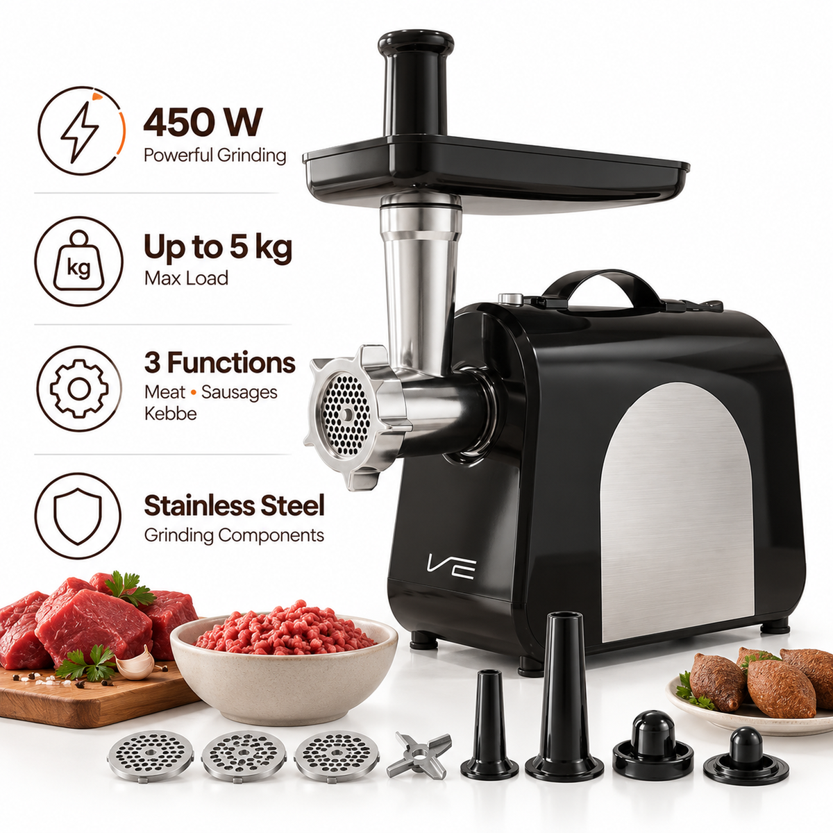 Infografic mașina de tocat MG-3624: 450 W, max. 5 kg, trei site, cuțit, pâlnii pentru cârnați și piese pentru kebbe