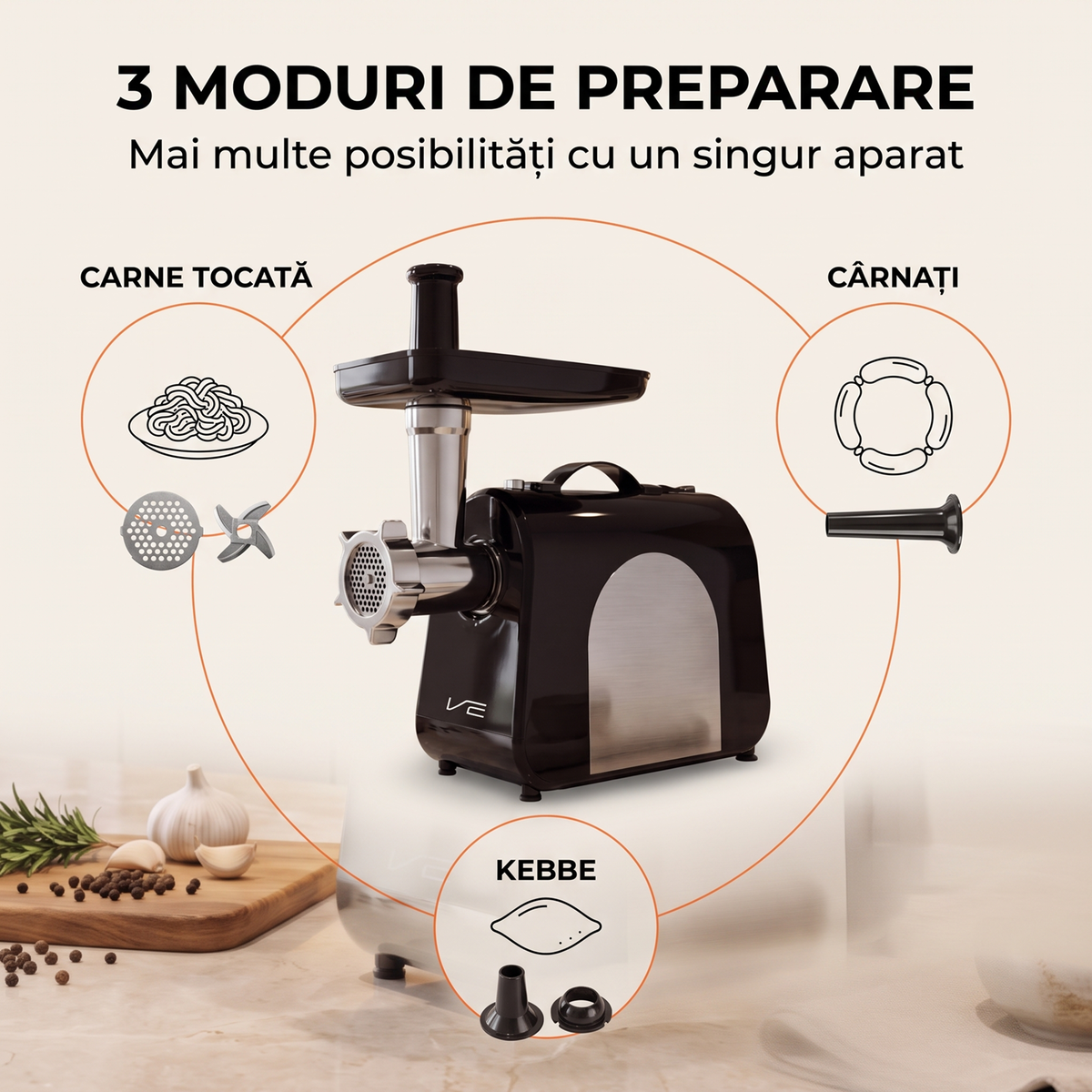 Cele trei moduri de preparare ale mașinii de tocat MG-3624: carne tocată, cârnați și kebbe, cu accesoriul fiecăruia
