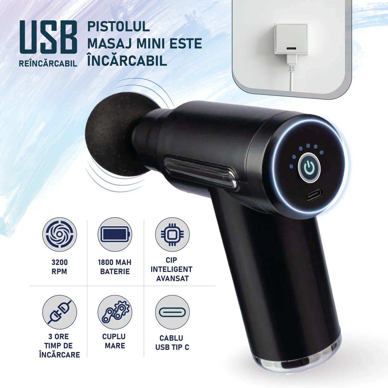 pistol de masaj cu 4 capete interschimbabile pentru diferite grupe musculare si tipuri de masaj