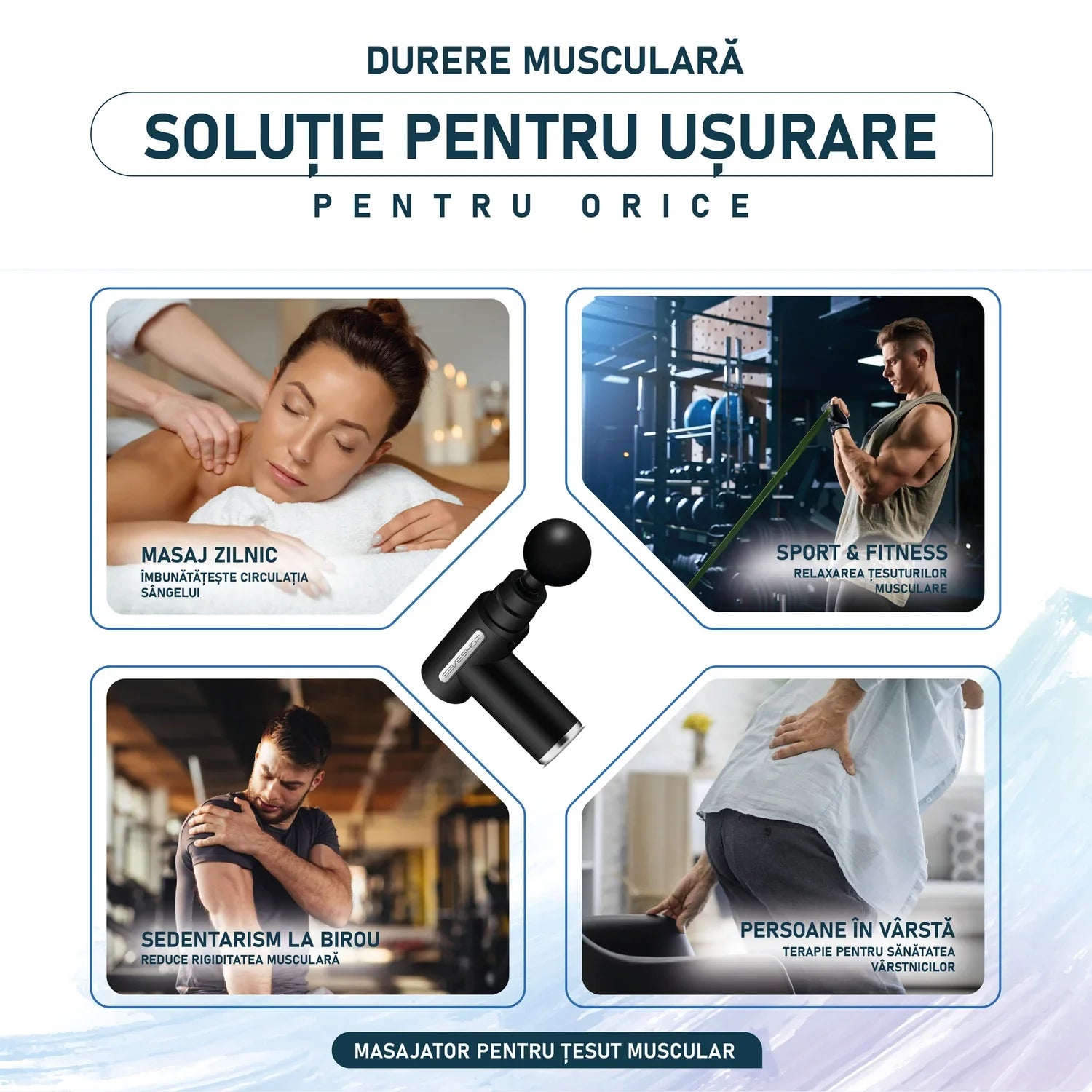dispozitiv masaj muscular ergonomic cu motor silentios si 6 trepte de viteza pentru confort in utilizare