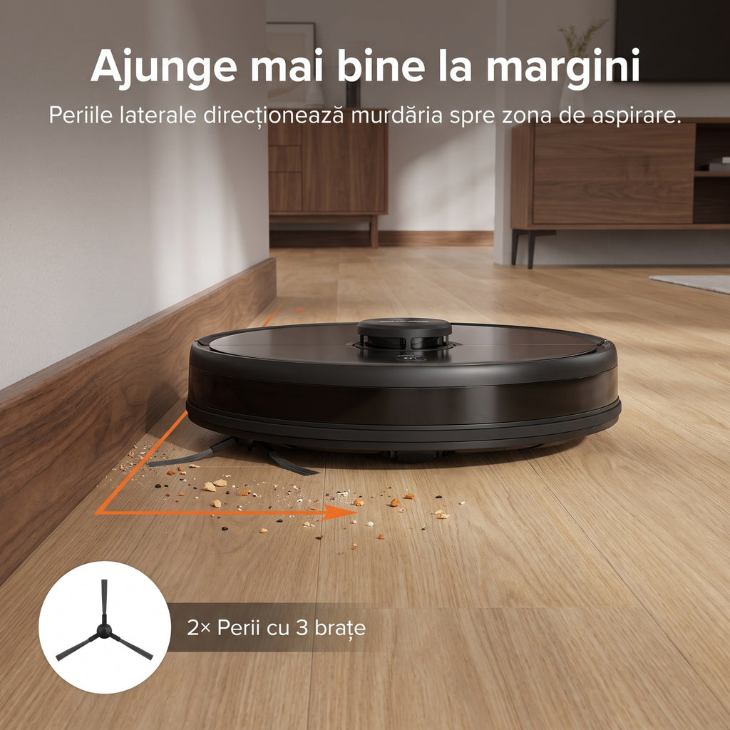 Aspirator robot T13S lângă plintă, cu peria laterală cu 3 brațe care împinge firimiturile spre zona de aspirare
