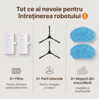 Cele 6 piese ale kitului T13S pe trei coloane: 2 filtre, 2 perii laterale cu 3 brațe și 2 mopuri din microfibră