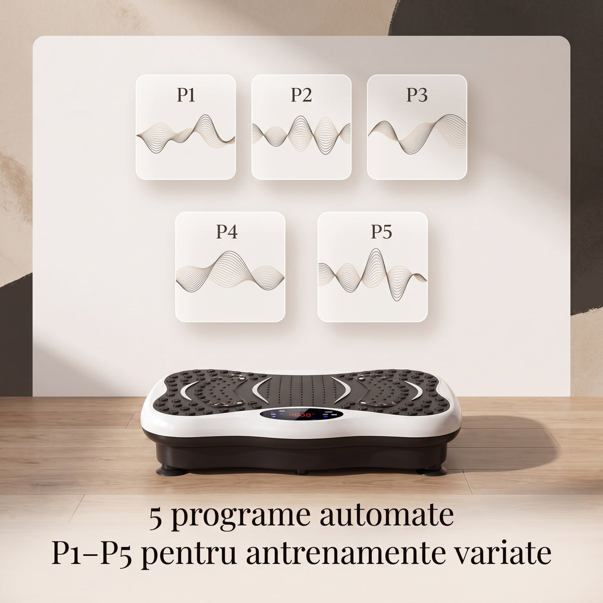 Platforma de vibromasaj HT-FN069 sub cele 5 grafice de vibrație ale programelor automate P1–P5