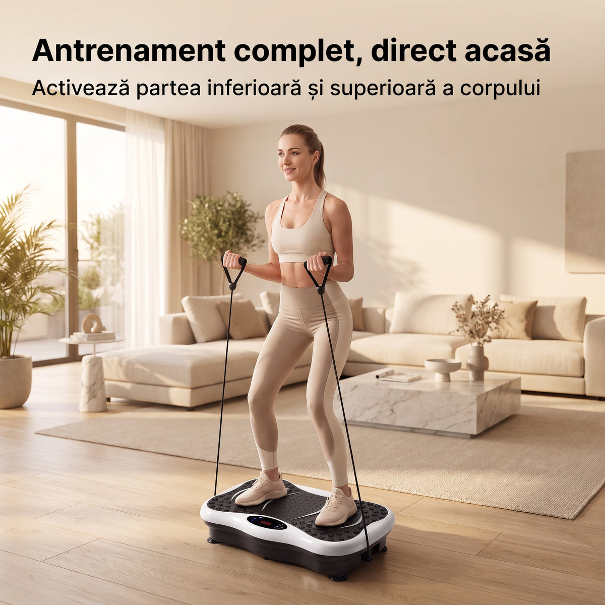Femeie pe platforma de vibromasaj HT-FN069, cu benzile elastice în mâini, într-un living luminos