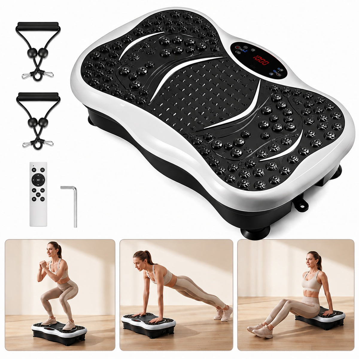 Platformă de vibromasaj HT-FN069 albă cu negru, cu 2 benzi elastice, telecomandă și 3 exemple de exerciții