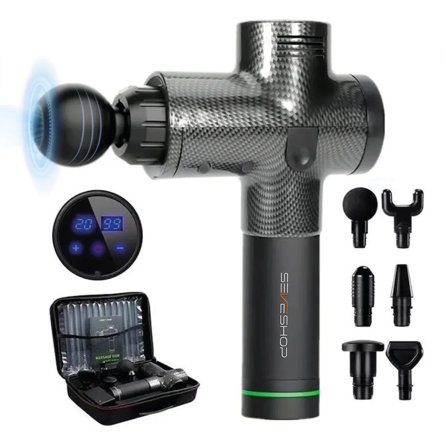 pistol de masaj profesional cu 30 viteze si 8 capete pentru relaxare musculara profunda
