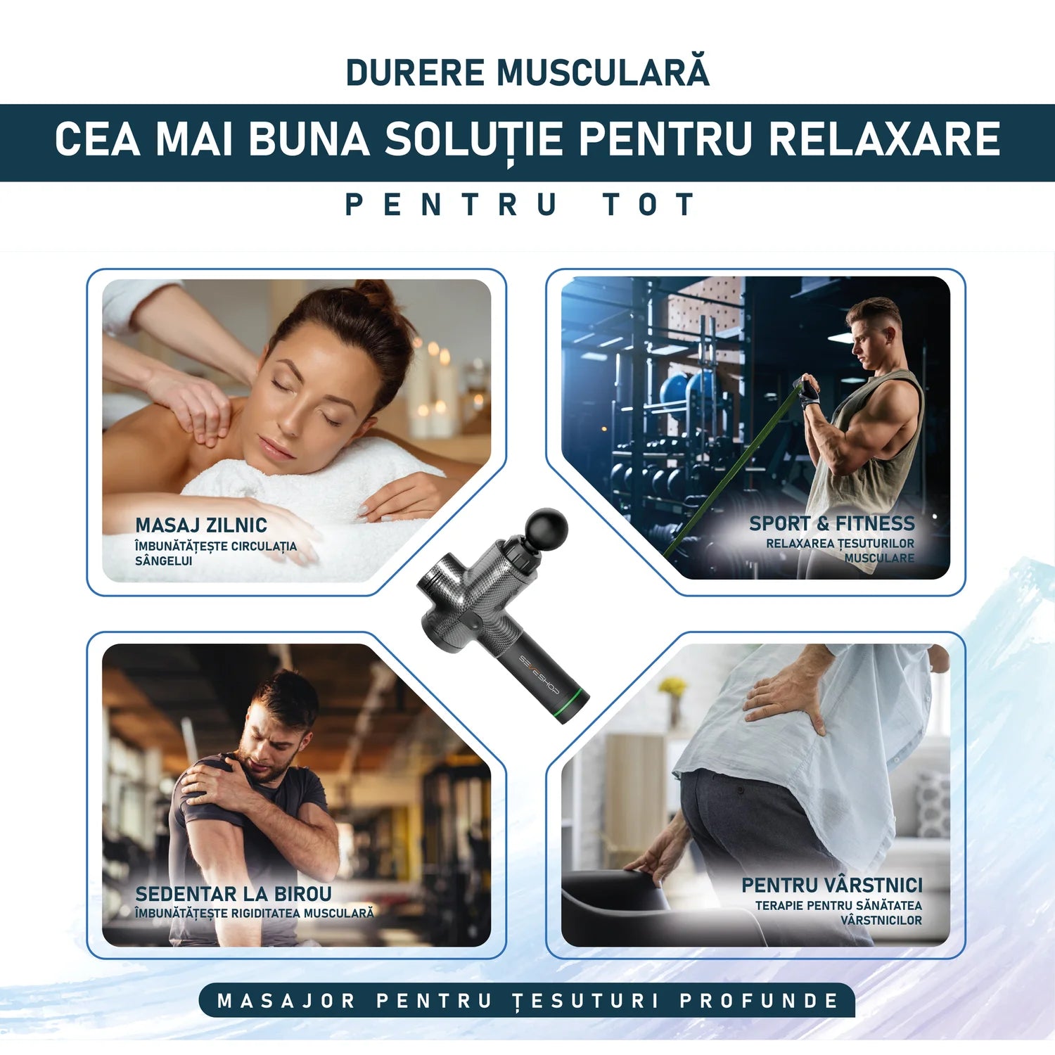 aparat de masaj tip pistol utilizat pentru recuperare musculara dupa antrenament