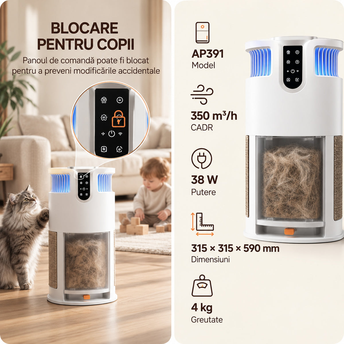 Purificator AP391P lângă o pisică și un copil, panou cu lacăt de blocare și dimensiuni 315 × 315 × 590 mm, 4 kg