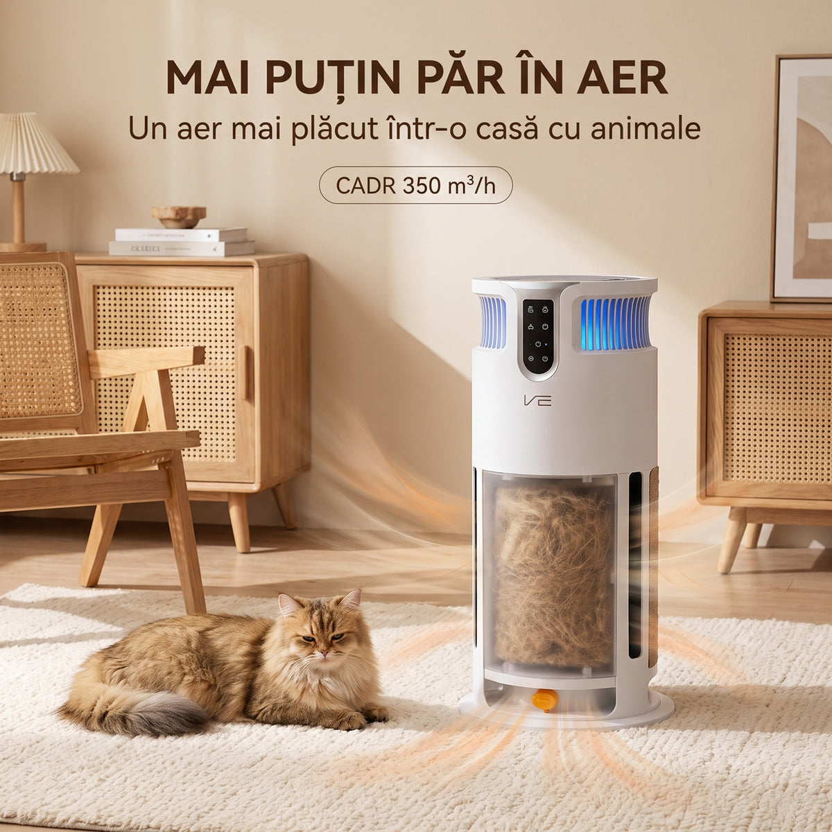 Purificator AP391P pornit într-un living, lângă o pisică întinsă pe covor, cu fluxul de aer ilustrat