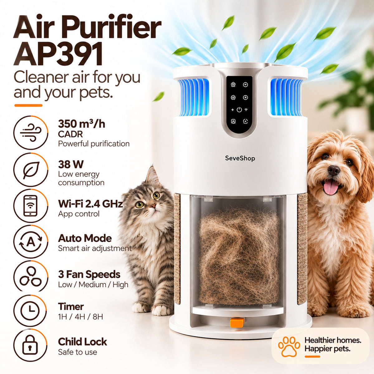 Purificator de aer AP391P alb între o pisică și un câine, cu iconițe pentru 350 m³/h CADR, 38 W, Wi-Fi și timer