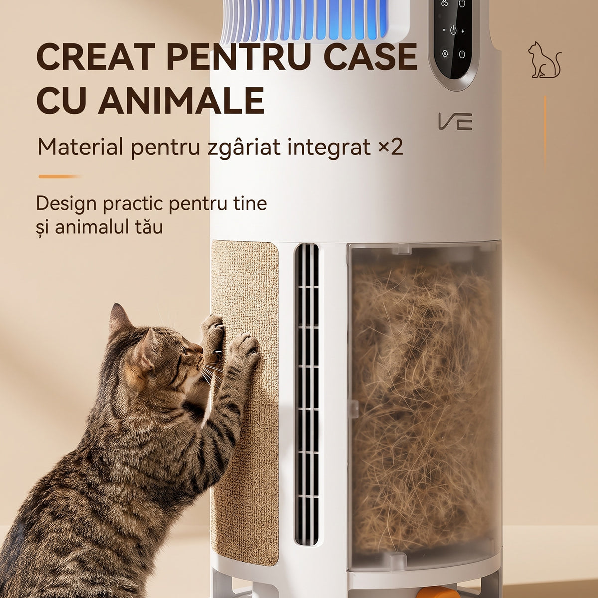 Pisică zgâriind suprafața de zgâriat integrată pe lateralul purificatorului de aer AP391P