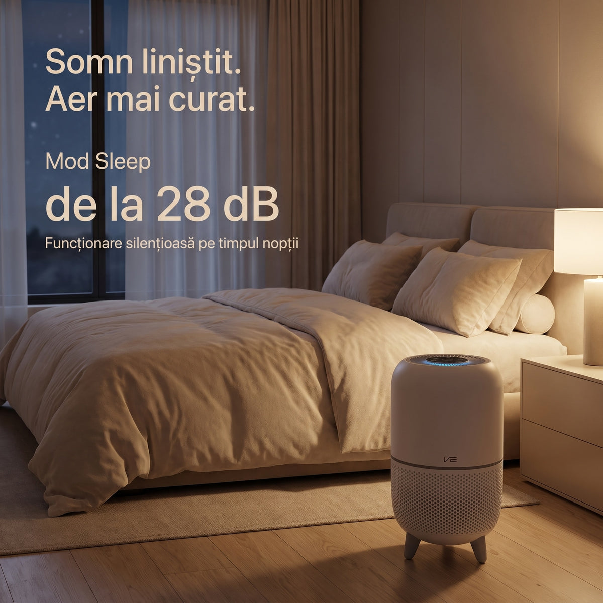 Purificator de aer VK-6080B lângă pat, într-un dormitor seara, în mod Sleep de la 28 dB