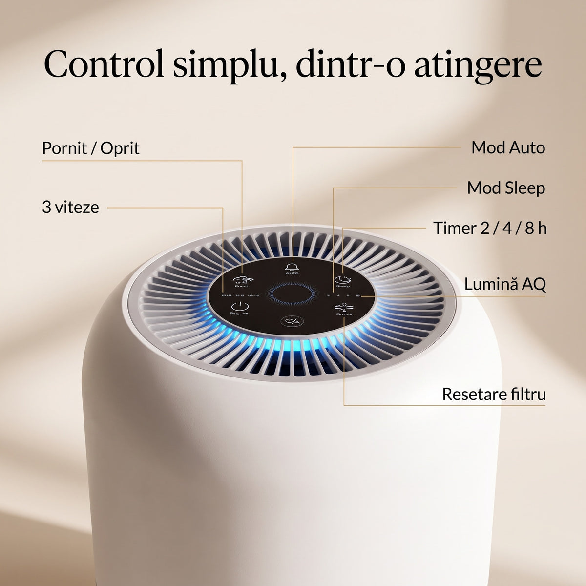 Panoul tactil al purificatorului VK-6080B: pornire, 3 viteze, Auto, Sleep, timer 2/4/8 h, lumină AQ, resetare filtru