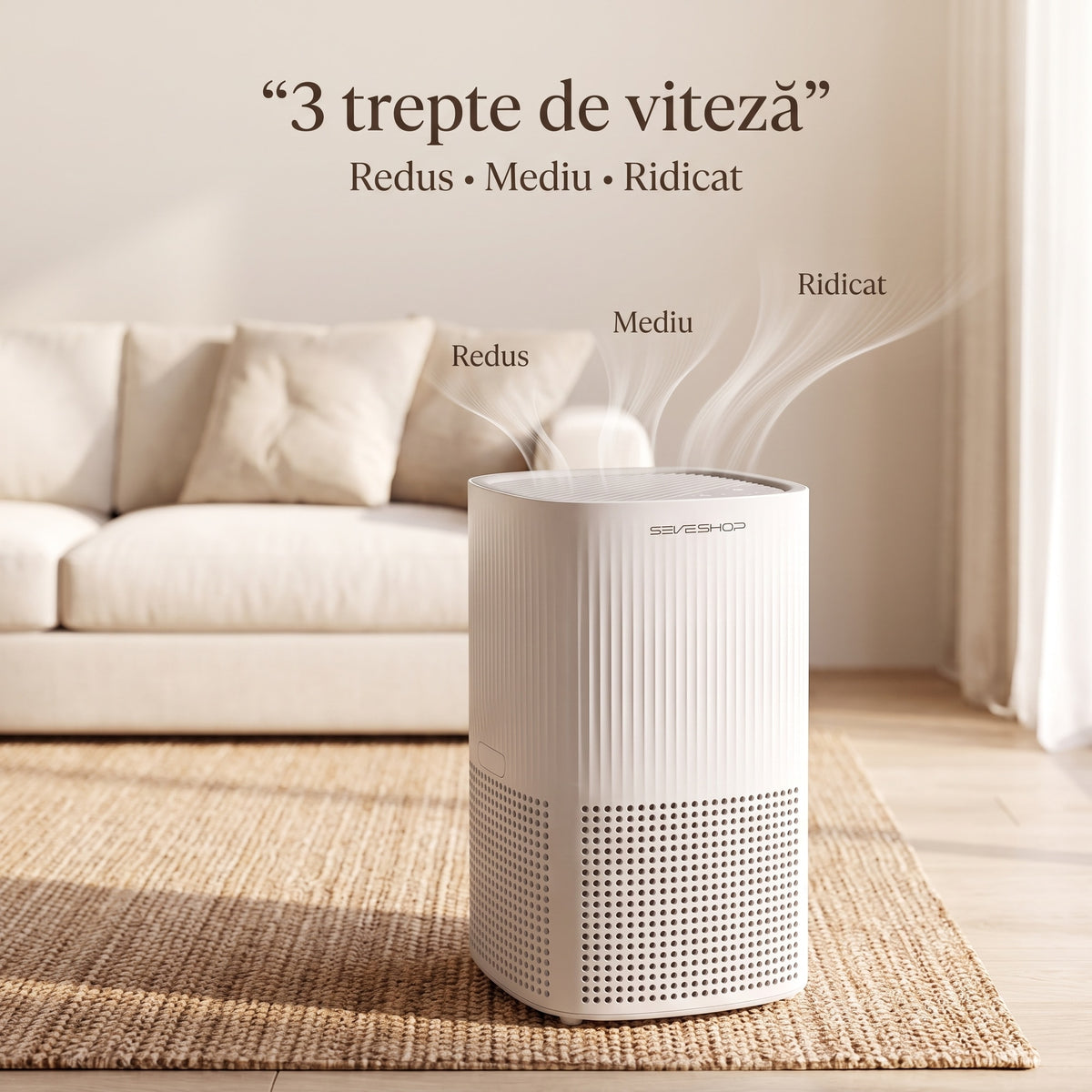 Purificator de aer VK-6126A pe un covor în living, cu fluxul de aer pentru treptele Redus, Mediu și Ridicat