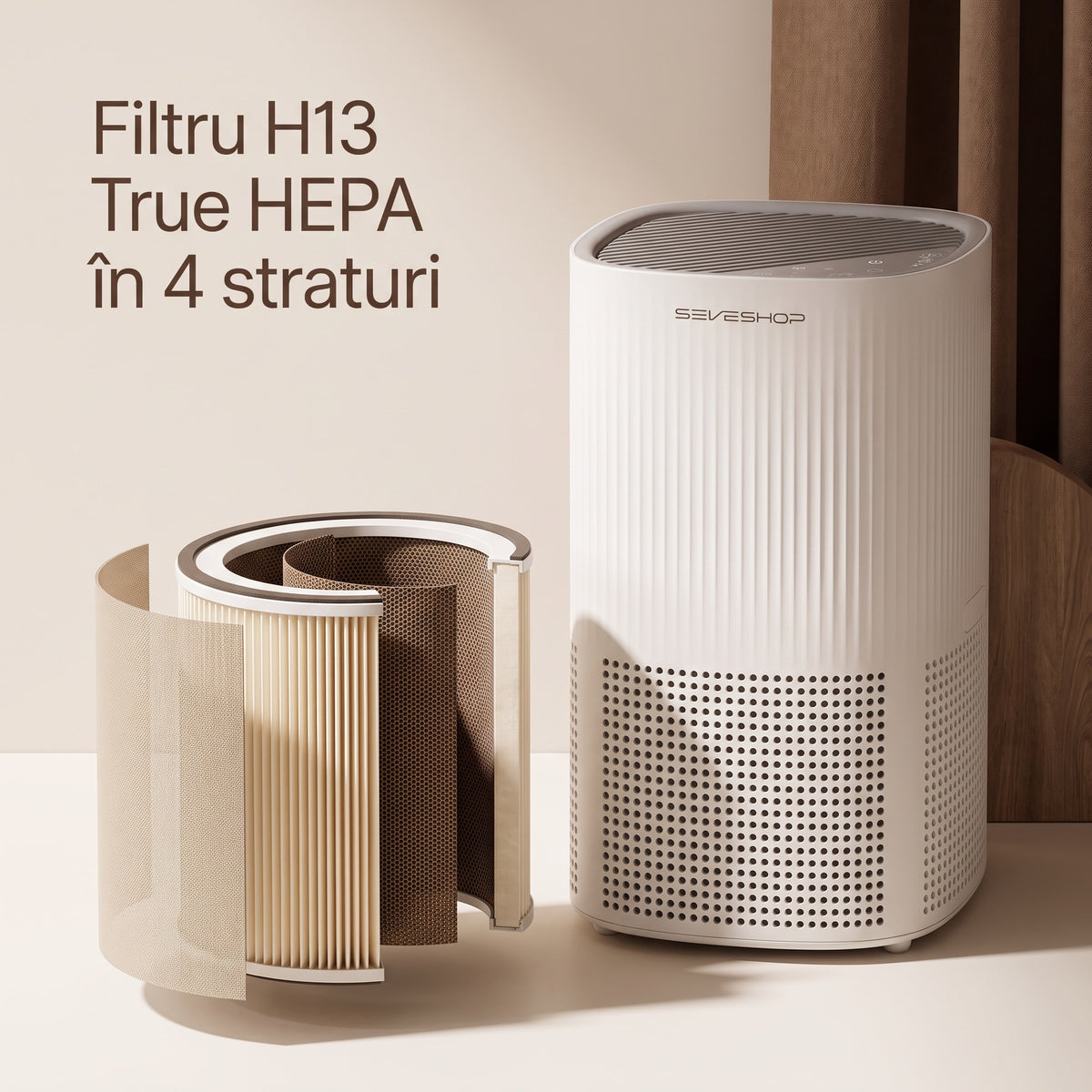Cartușul purificatorului VK-6126A desfăcut în 4 straturi, lângă aparat, cu textul Filtru H13 True HEPA în 4 straturi