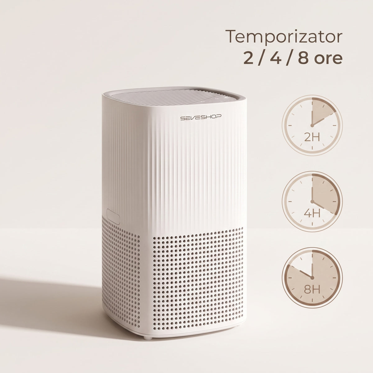Purificator de aer VK-6126A alb lângă trei cadrane de ceas pentru temporizatorul de 2, 4 și 8 ore