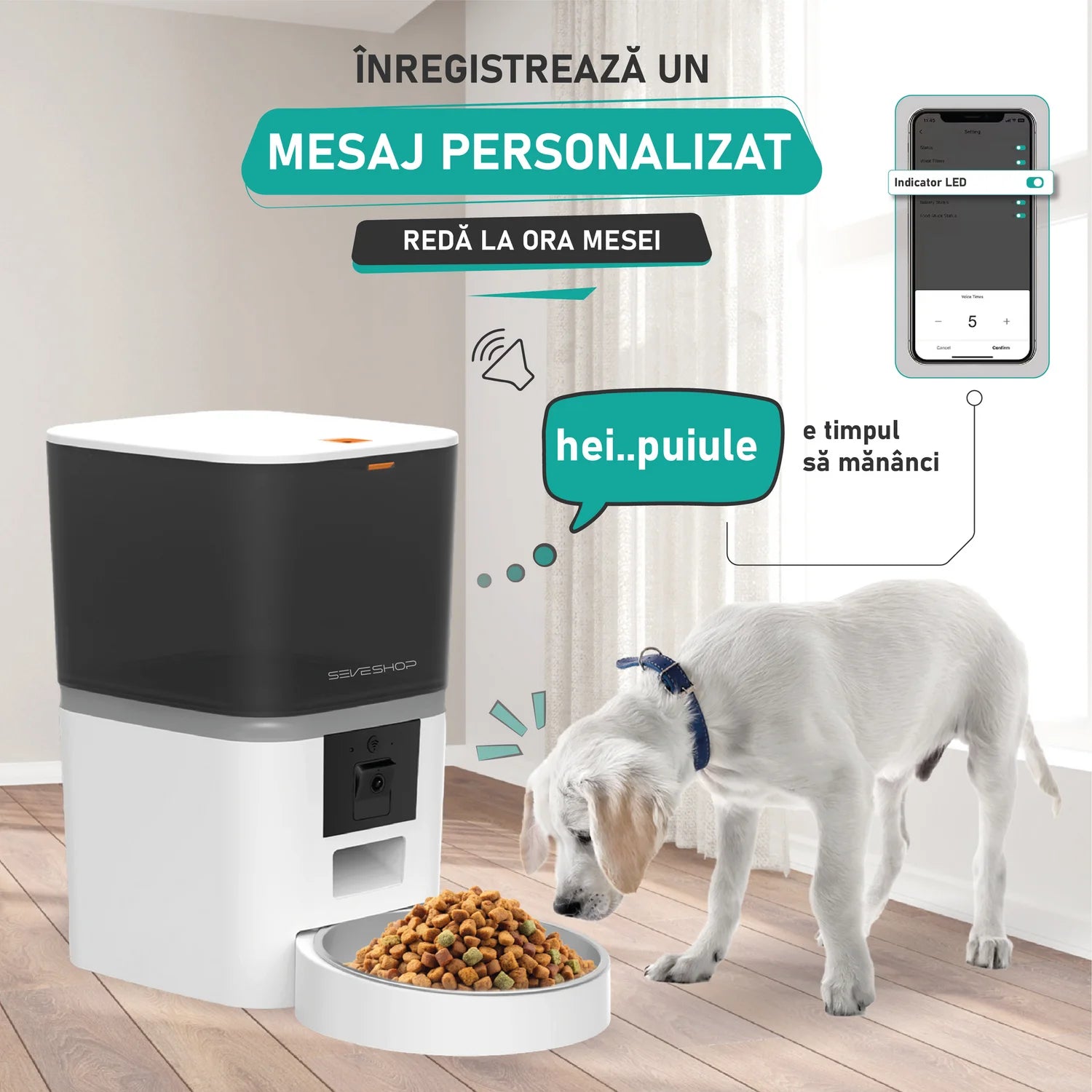 dispenser hrana animale cu control prin aplicatie mobila si monitorizare in timp real
