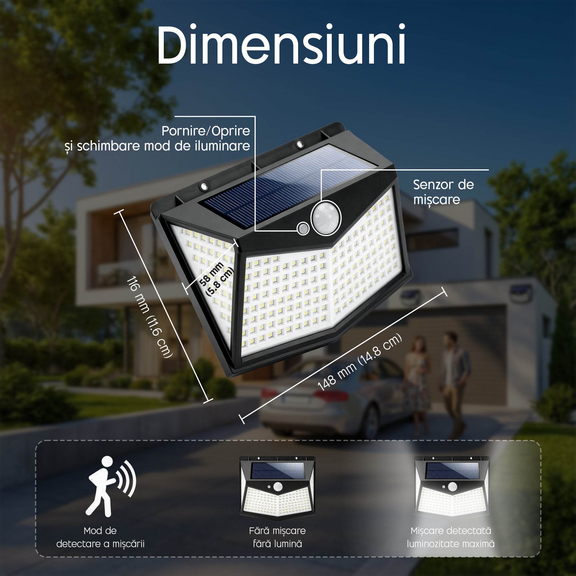 lampa solara montata pe perete pentru siguranta si vizibilitate sporita in jurul casei