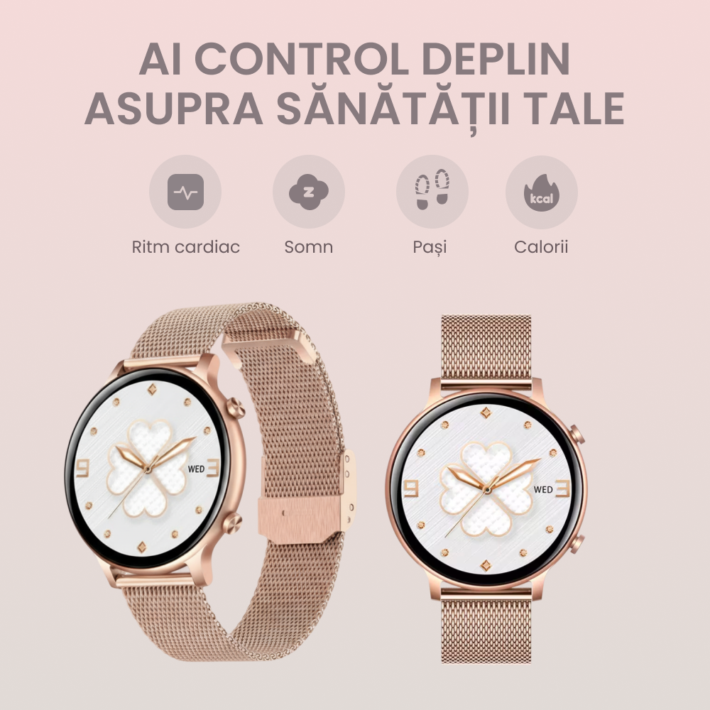 Smartwatch Damă cu Monitorizare Ritm Cardiac, Somn și Notificări, Gold