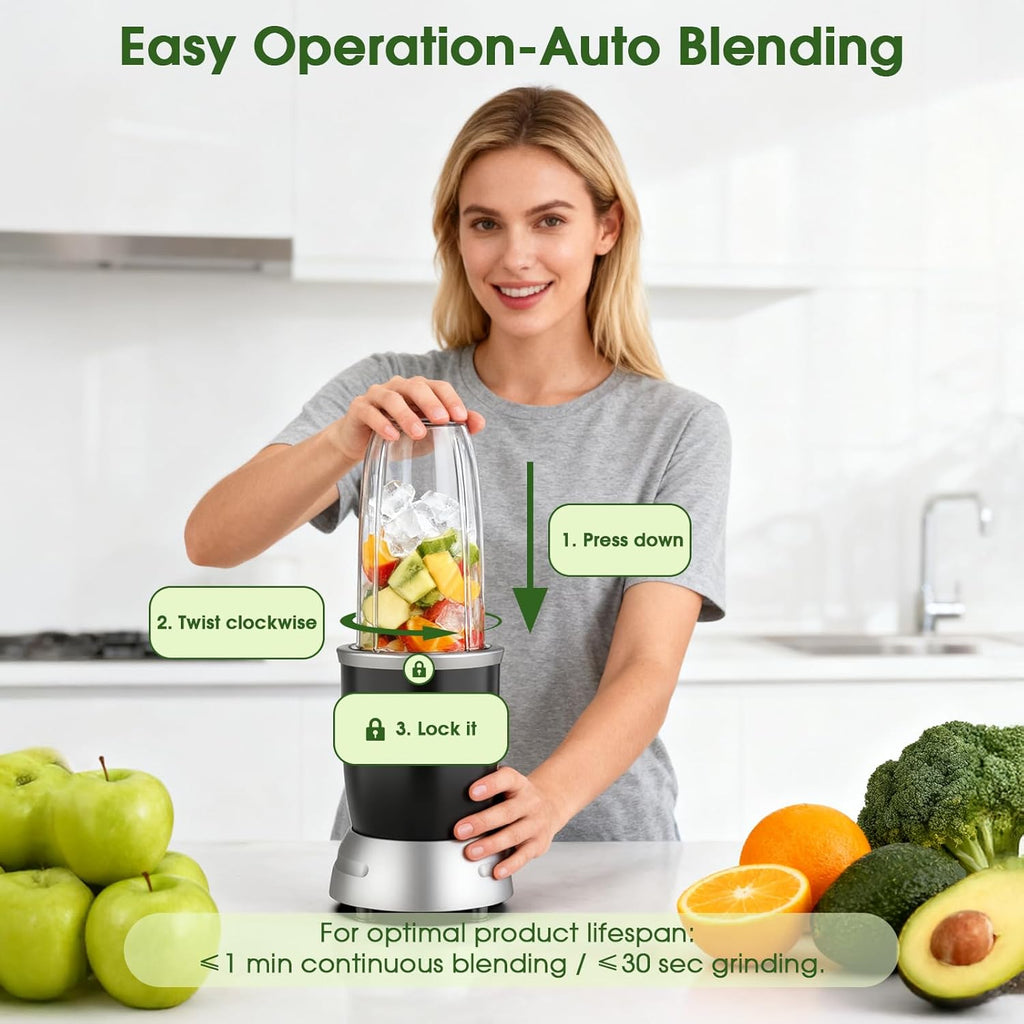 Blender Portabil BL916 1200W cu 3 Recipiente, 25000 RPM, Smoothie si Macinare — RESIGILAT